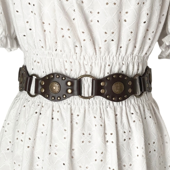 Boutique Accessories - Western brown faux leather concho gold buckle Boho festival studded waist belt